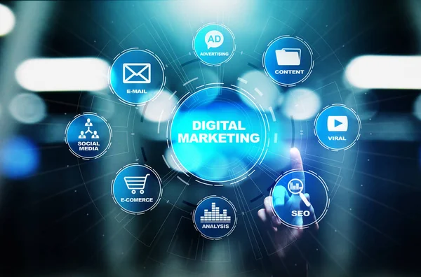 Ψηφιακό μάρκετινγκ, Online διαφήμιση, SEO, SEM, SMM. Έννοια επιχειρήσεων και διαδικτύου. — Φωτογραφία Αρχείου