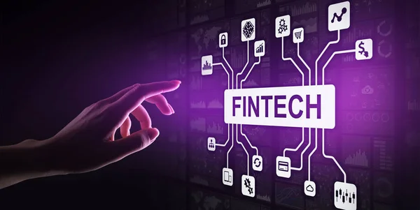 Fintech Tecnología financiera Inversión criptomoneda y dinero digital. Concepto de negocio en pantalla virtual. — Foto de Stock