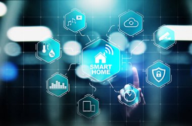 Sanal ekrandaki akıllı ev kontrol paneli. IOT ve Otomasyon teknolojisi kavramı.