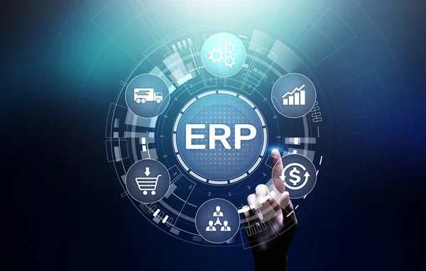 ERP - бизнес-планирование ресурсов предприятия и концепция современных технологий на виртуальном экране. — стоковое фото