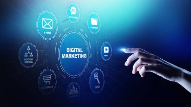 Dijital pazarlama, çevrimiçi reklam, SEO SEM, SMM. İş ve İnternet kavramı
