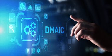 DMAIC Ölçüm Analizini Geliştirme Endüstriyel İş Süreçlerini optimize etme Sanal ekran üzerine altı sigma yassı üretim teknolojisi kavramı.