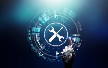 Sanal ekranda destek düğmesi. Müşteri hizmetleri ve iletişim konsepti