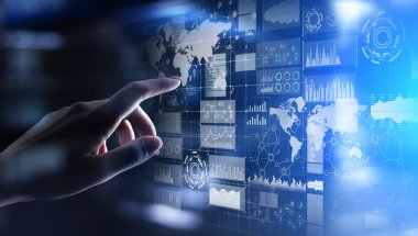 Grafikli ve simgeli iş zekası paneli. Büyük veri. Ticaret ve yatırım. Modern teknoloji kavramı