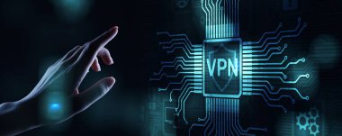 Sanal ekranda VPN sanal özel ağ internet erişimi güvenlik ssl vekil sunucu teknolojisi konsept düğmesi.