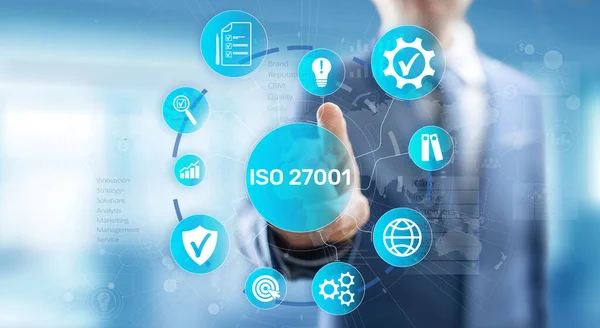 Сертификация стандарта Iso 27001 Гарантия и удовлетворенность клиентов Концепция бизнеса на виртуальном экране. — стоковое фото