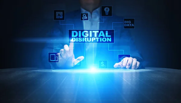 Disrupción digital. Ideas de negocios perturbadoras. IOT, red, ciudad inteligente, big data, nube, análisis, TI a escala web, IA. — Foto de Stock