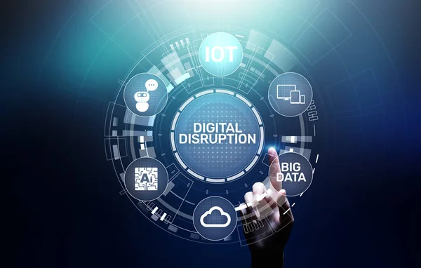 Disrupción digital. Ideas de negocios perturbadoras. IOT, red, ciudad inteligente, big data, nube, análisis, TI a escala web, IA. — Foto de Stock
