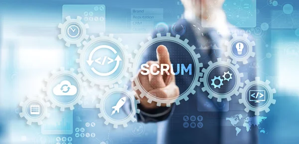 SCRUM, Agile 개발 방법론, 프로그래밍 및 응용 프로그램 설계 기술 개념 on virtual screen. — 스톡 사진