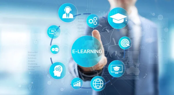 E-öğrenme, çevrimiçi eğitim, internet eğitimi. Sanal ekranda iş, teknoloji ve kişisel gelişim kavramı — Stok fotoğraf