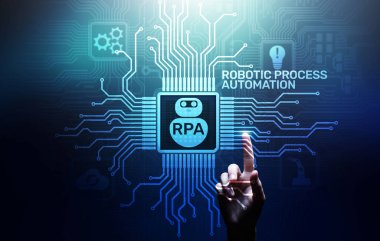 Sanal ekranda RPA Robotik işlem otomasyon teknolojisi konsepti.