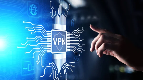 VPN virtuel privat netværk internetadgang sikkerhed ssl proxy anonymisering teknologi koncept knap på virtuel skærm. - Stock-foto