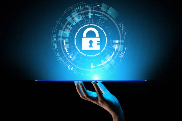 Ciberseguridad, Privacidad de la información, Protección de datos. Concepto de Internet y tecnología en pantalla virtual. — Foto de Stock
