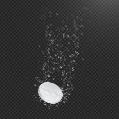 Sıvı kabarcıkları ile çözünür tablet. Gerçekçi illüstrasyon. İşlem eriterek.