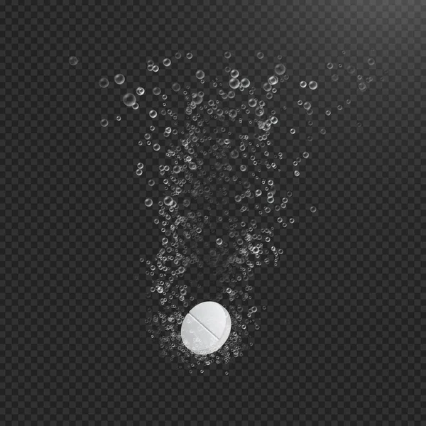 Sıvı kabarcıkları ile çözünür tablet. Gerçekçi illüstrasyon. İşlem eriterek.