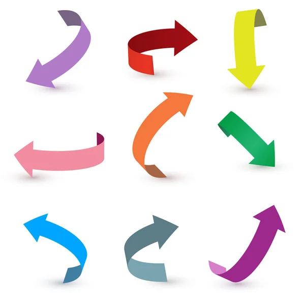 Renkli şerit ok seti. Ok çıkartması çeşitli açı ve yönlerde. 3b vektör simgesi seti.