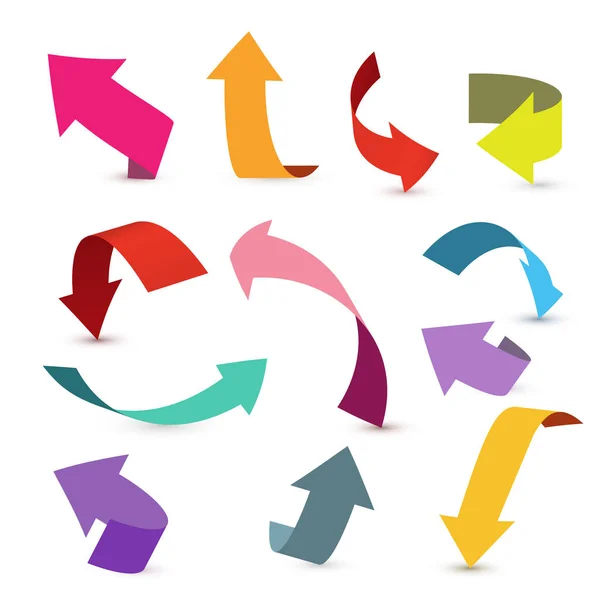 Renkli şerit ok seti. Ok çıkartması çeşitli açı ve yönlerde. 3b vektör simgesi seti.