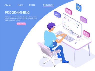 Programmer isometric character. Programming concept, web engineer at work. Program developer creating website writing software at computer desktop. Landing page concept clipart svg vector 