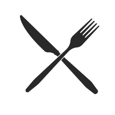 Çatal bıçak. Beyaz arka planda çapraz bıçak ve çatal siyahı simgeleri.