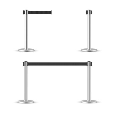 Geri çekilebilir kemer seti. Taşınabilir kurdele bariyeri. Siyah çizgili tehlikeli eskrim bandı. Krom Stanchion.