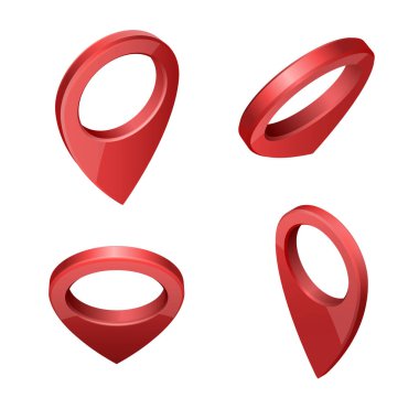 Çeşitli açılarda ayarlanmış parlak kırmızı gerçekçi modern harita işaretleyici vektörü