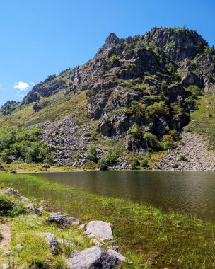 Fransız Pirenesi 'nde Etang de Comte kayalık kayalıklarla ve yemyeşil yamaçlarla çevrili bir alp gölü. İnsansız, el değmemiş bir dağ manzarası.