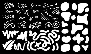 El yapımı organik şekiller. Çizgiler, kareler, spiraller. Soyut kalem tarzı çizgiler. Vektör illüstrasyonu.