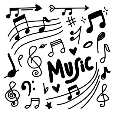 Müzik notaları ve diğer müzik öğeleri beyaz arkaplanda ayarlandı.