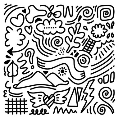 El çizimi işaret basit elementler ayarlandı. Kalem ve efektleri karala. Basit yapraklar, yıldız, simler, ikonlar, kalp, çiçek nesneleri. Dekoratif kalem eğimli semboller ve şekil.