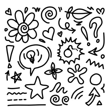 El çizimi işaret basit elementler ayarlandı. Kalem ve efektleri karala. Basit yapraklar, yıldız, simler, ikonlar, kalp, çiçek nesneleri. Dekoratif kalem eğimli semboller ve şekil.