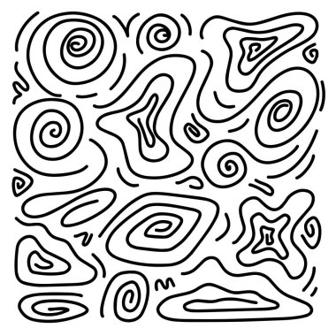 El çizimi siyah mürekkep karalamaları ve beyaz arka planda izole edilmiş spiraller. Vektör illüstrasyonu.