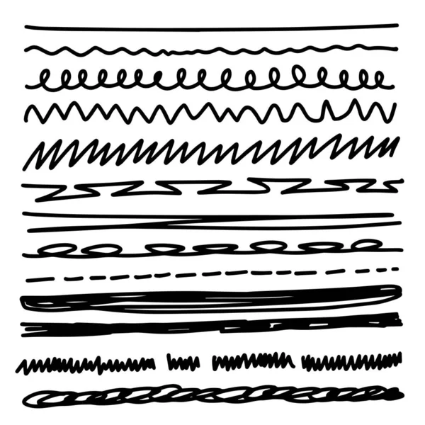 Bir dizi sanatsal kalem fırçası. Elle çizilmiş grunge vuruşları. Çizgiler, web siteleri için çeşitli bölümler. Vektör illüstrasyonu