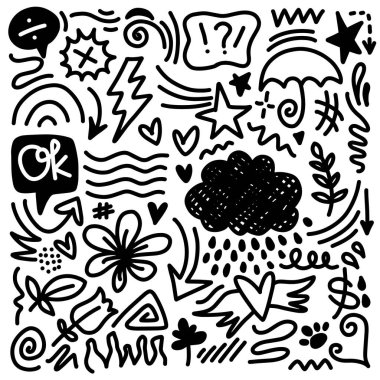 El çizimi karalama tasarımı elementleri. çiçek, ok, kalp, yapraklar, güneş, yıldız, bulut ve diğer,