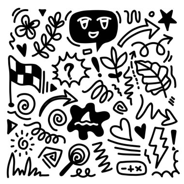 El çizimi karalama tasarımı elementleri. çiçek, ok, kalp, yapraklar, güneş, yıldız ve diğerleri,