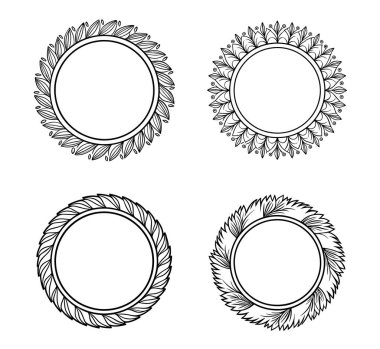 Değişen çiçek ve yaprak desenli dört güzel dairesel çerçeve siyah ve beyaz