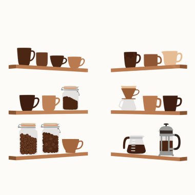 Koleksiyonda farklı boyutlarda fincanlar, kahve çekirdekleri ve öğütücülerle dolu cam kavanozlar, dökülen bir damlatıcı, bir sürahi ve bir Fransız presi yer alıyor..