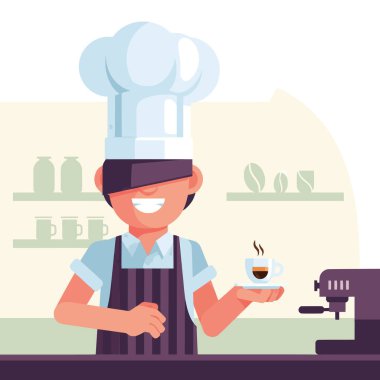 Şef şapkası ve önlüğü takan gülümseyen bir şef ya da barista küçük, dumanı tüten bir fincan kahve tutar. Arka planda raflar, kavanozlar ve fincanlar ve tezgahın üzerinde kahve makinesi var. Bu da neşeli ve profesyonel bir kahve yapma ortamı olduğunu gösteriyor..