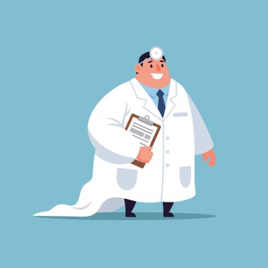 Bir karikatür doktoru elinde bir pano tutarak gülümsüyor. Doktor beyaz önlük ve steteskop takıyor. Açık mavi bir arka plan ve vektör resim çizimi.