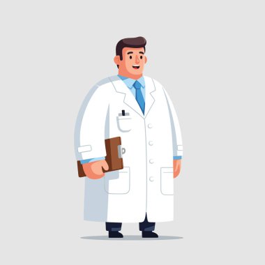 Bir doktorun karikatür tarzı çizimi. Mavi kravatlı beyaz bir ceket giyiyor ve elinde kahverengi bir dosya tutuyor. Arka plan sade ve hafiftir. Profesyonel ve dost canlısı görünüyor..