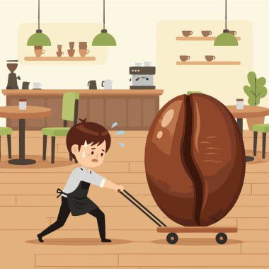 Bir baristanın dev bir kahve çekirdeğini çekişini gösteren karikatür resmi. Terliyor ve yorgun görünüyor. Sahne, masalar, sandalyeler ve kahve yapma ekipmanlarıyla bir kahve dükkanının içinde. biçim düz ve vektördür