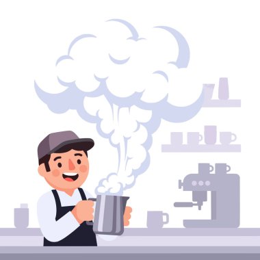 Çizgi filmdeki barista, arka planda espresso makinesi olan süt buharı yapar. Bardaklı raflar görülebilir. Kahveci gülümsüyor, şapka ve önlük giyiyor, bir kafe sahnesinde içki hazırlıyor.