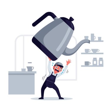 Mutfakta elinde kocaman gri bir çaydanlık tutan önlüklü bir adamın karikatür çizimi. Korkmuş görünüyor. Arka planda fincanlı raflar ve tezgah var. Basit bir grafik tasarımı..