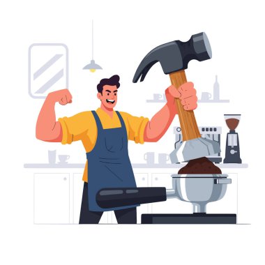 Sarı tişörtlü ve önlüklü bir adam portafiltere kahve doldurmak için çekiç kullanıyor. Arka planda bir kahve makinesi ve öğütücü var. Kaslarını gösteriş yapıyor. vektör illüstrasyonu