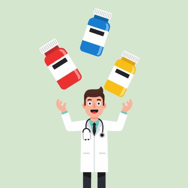 Beyaz önlüklü neşeli bir karikatür doktoru açık yeşil arka planda üç renkli ilaç şişesiyle hokkabazlık yapıyor..