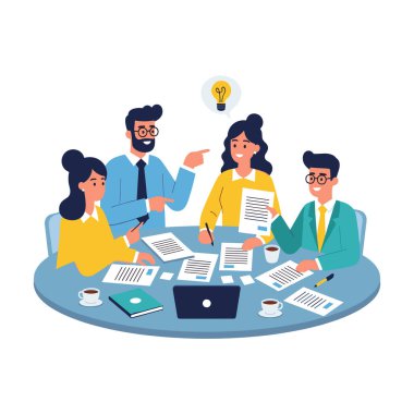 Bir grup meslektaşı masanın etrafında toplantı yapıyor. Fikirleri tartışıyor ve birlikte bir proje üzerinde çalışıyorlar. Masada bir dizüstü bilgisayar, belgeler ve kahve fincanları var. Bu işbirlikçi bir çaba..