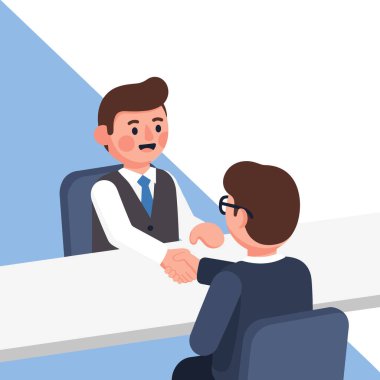 Bir çizgi film çizimi beyaz bir masada el sıkışan iki adamı resmediyor. Sahne bir iş anlaşmasını, başarılı bir röportajı ya da profesyonel bir ortaklığı öneriyor. Arka plan basit ve temiz.