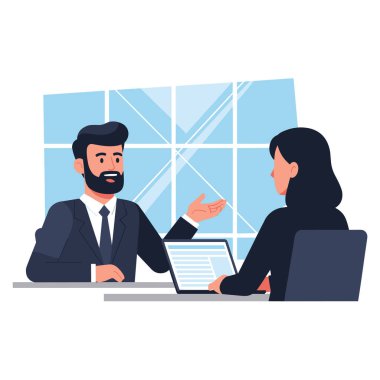 Bir kadın dizüstü bilgisayara bakarken takım elbiseli bir adam el kol hareketi yapıyor. Arkalarında büyük bir pencere olan bir ofis ortamındalar. Sahne bir iş toplantısını ya da profesyonel bir çevrede tartışmayı betimliyor