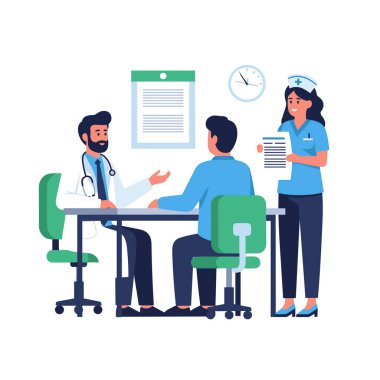 Bir doktor bir hastaya danışmanlık yaparken, bir hemşire de yanında elinde bir dosya tutuyordu. Sahne, sağlık ve profesyonel sağlık hizmetlerini gösteren bir illüstrasyondur..