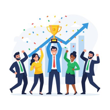Bir grup profesyonel iş başarısını altın bir kupa, konfeti ve yükselen grafikle kutluyor. Kurumsal bir ortamda başarı ve büyümeyi simgeliyor. Burada anahtar takım çalışması.