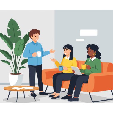 Canlı bir illüstrasyon, modern bir ofis salonunda kahve molası veren üç meslektaşı gösteriyor. İş yerinde rahat ve işbirlikçi bir atmosfer yaratmak için canlı bir sohbete giriştiler..
